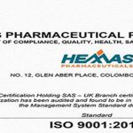 Hemas Pharmaceuticals Awarded ISO 9001 Standards Certification