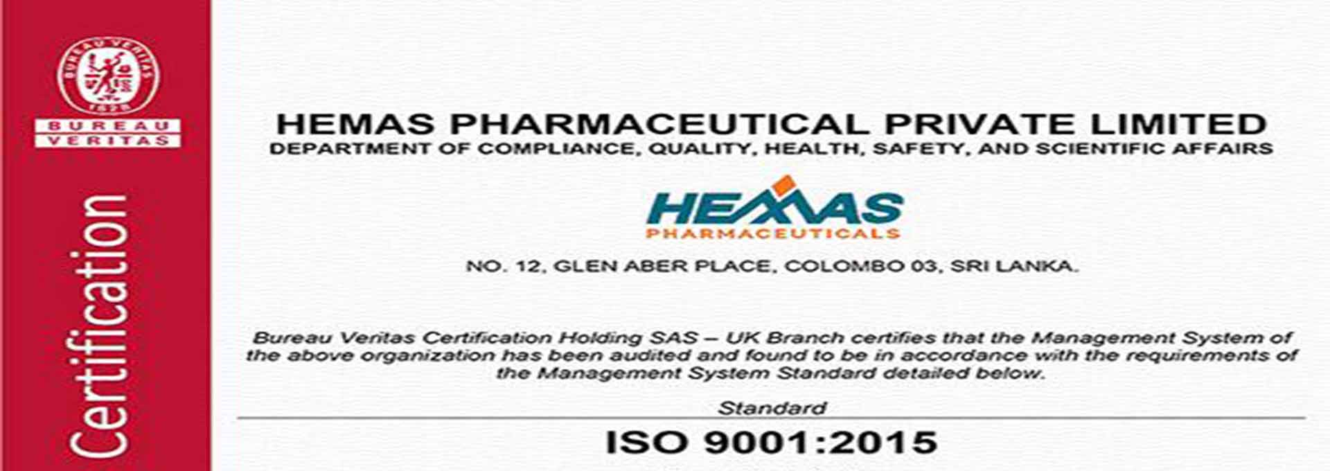 Hemas Pharmaceuticals Awarded ISO 9001 Standards Certification
